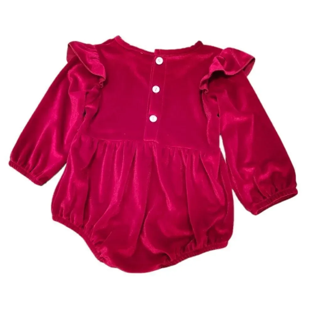 NWOT Red Cranberry Candy Apple Velvet Long Sleeve Bubble Romper Girls 18-24M